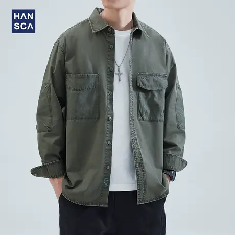 hansca美式复古衬衫长袖男2023年春季潮牌多口袋宽松工装衬衣外套商品大图