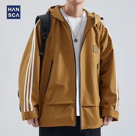hansca户外防风机能条纹夹克男秋季美式潮牌宽松休闲连帽撞色外套商品大图