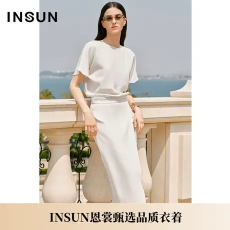 INSUN恩裳夏季醋酸拼接不对称开衩连衣裙图片
