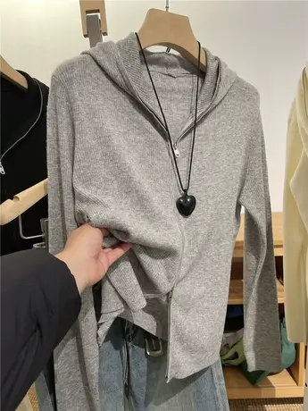 双拉链绵羊毛针织连帽开衫外套女2024春季新款内搭打底帽衫商品大图