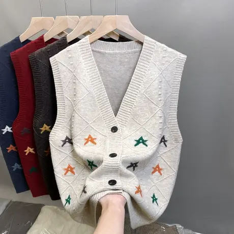 2024年新款早春新款无袖V领外搭上衣女洋气单排拼色针织衫女马甲商品大图