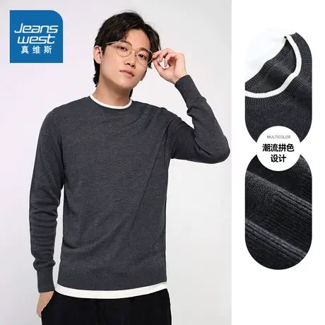 L7真维斯男装 冬季 休闲圆领毛衣撞色保暖通勤针织衫上衣商品大图