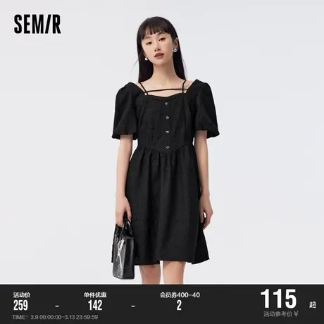 森马连衣裙女肌理泡泡袖初恋裙温柔2023夏新款气质设计感短裙甜美图片