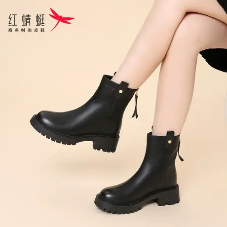 红蜻蜓秋冬季女鞋加绒保暖低跟靴子女2023新款短靴中筒皮靴瘦瘦靴商品大图