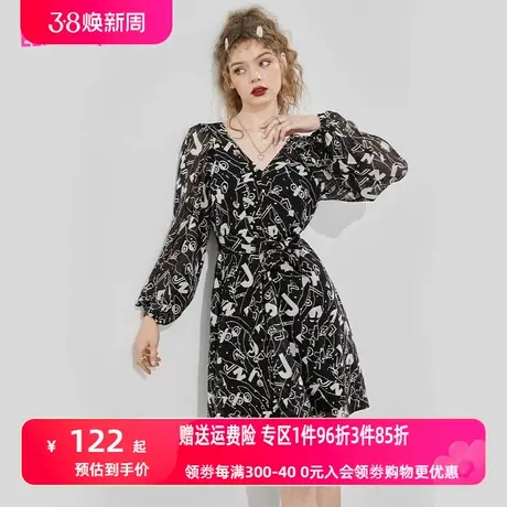 妖精的口袋法式黑色雪纺连衣裙女2023春新款v领收腰显瘦气质裙子商品大图