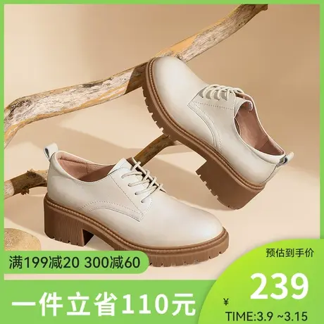 骆驼女鞋2024真皮鞋子高跟鞋粗跟女士单鞋女英伦风小皮鞋图片