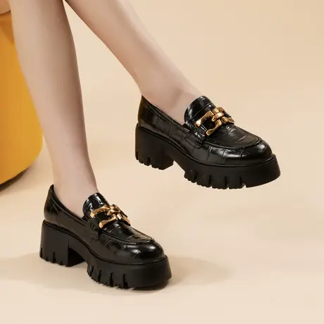 VME舞魅真皮一脚蹬小个子ck内增高乐福鞋女厚底英伦鞋显脚小单鞋商品大图