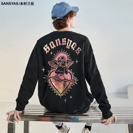 木村三社反光爱心天使圆领卫衣男潮ins 潮牌宽松国潮美式t恤长袖商品大图