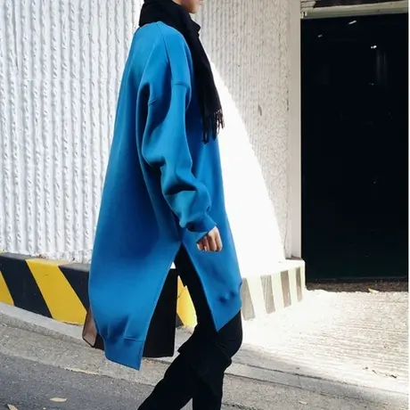 纯诗曼秋冬新款套头开叉圆领卫衣女中长款韩版宽松大码打底衫上衣商品大图