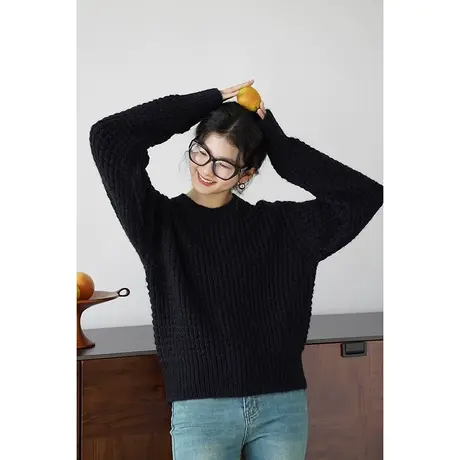 嘉茱莉2023秋季新款法式毛衣上衣女圆领套头毛衣外套宽松针织毛衣商品大图
