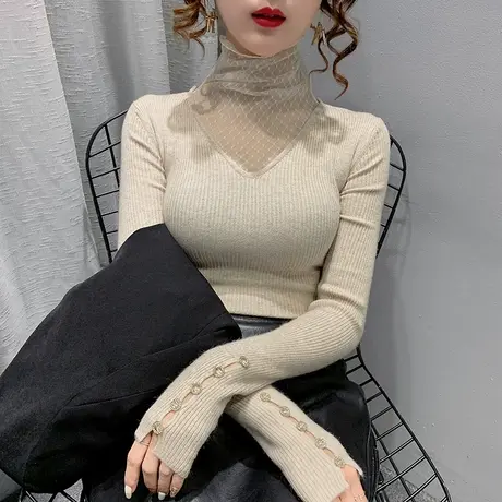 网纱蕾丝堆堆高领毛衣秋冬2021年新款洋气内搭加厚米色女士打底衫图片