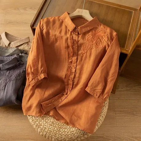 享永子中袖苎麻刺绣宽松衬衫女文艺复古宽松显瘦棉麻上衣2023新款图片