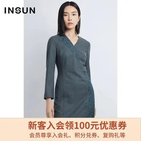 恩裳商场同款春季时尚流行蕾丝拼接个性不对称领修身连衣裙女图片