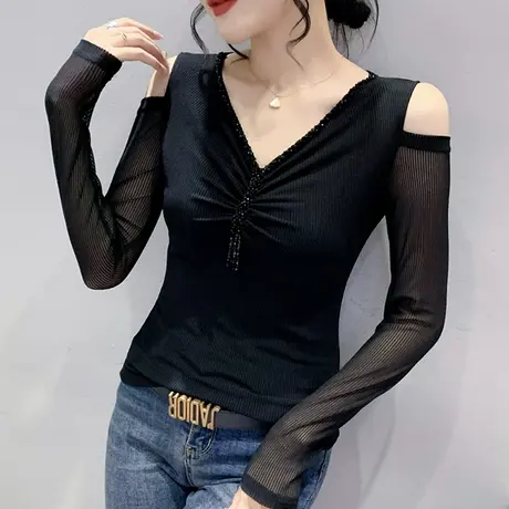 黑色网纱打底衫女长袖2023春秋新款性感V领钉珠上衣设计感露肩T恤商品大图