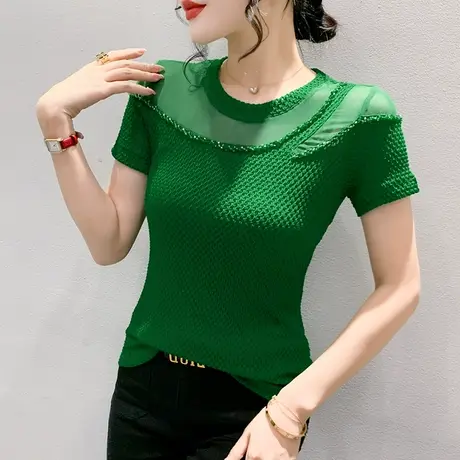 性感镂空上衣女2023夏季新款网纱拼接修身T恤短袖百搭洋气小衫ins图片