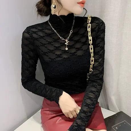 高领蕾丝打底衫女春秋2023新款时尚洋气提花长袖小衫紧身内搭上衣图片