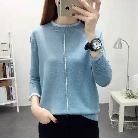 秋冬2022年新款女圆领宽松洋气加绒毛衣针织蕾丝打底衫女士上衣潮商品大图