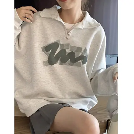 半拉链正肩polo领卫衣女春秋季薄款2023新款爆款宽松无帽长袖上衣商品大图