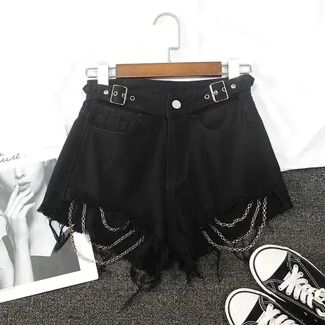 佳妲己金属链条毛边牛仔短裤女2022新款ins超火高腰显瘦a字阔腿裤图片