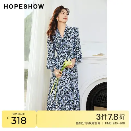 红袖outlets泡泡袖碎花裙hopeshow2023春季新款女装收腰连衣裙图片