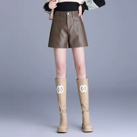 2023新款简约直筒pu皮短裤女秋季显瘦百搭高腰宽松外穿A字阔腿裤商品大图