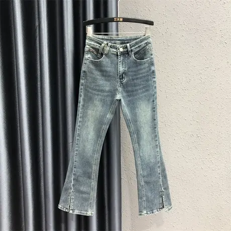 开叉微喇牛仔裤女2023早秋新款复古磨白设计感显瘦高腰休闲长裤潮图片