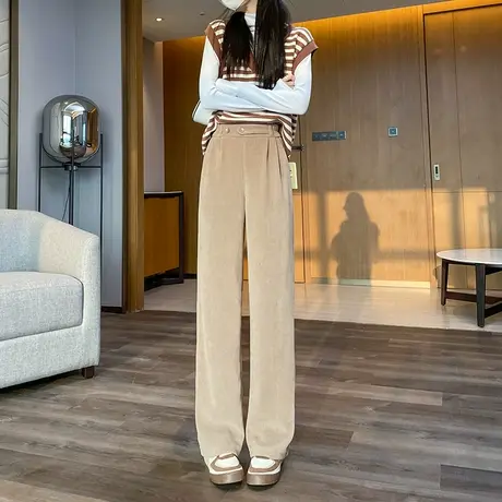 咖色灯芯绒阔腿裤女秋冬新款高腰垂感宽松显瘦休闲条绒直筒长裤子图片