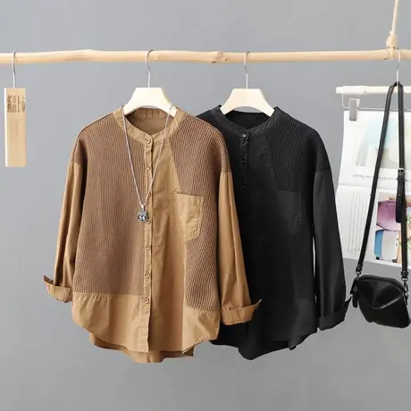 2023年新款秋冬装毛衣拼接长袖衬衫女小众圆领打底衫上衣宽松衬衣图片