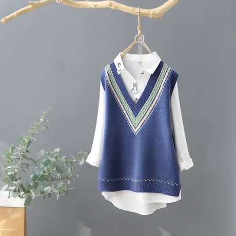 V领针织背心女韩范提花马夹百搭学生马甲2023春秋新款短款坎肩潮图片