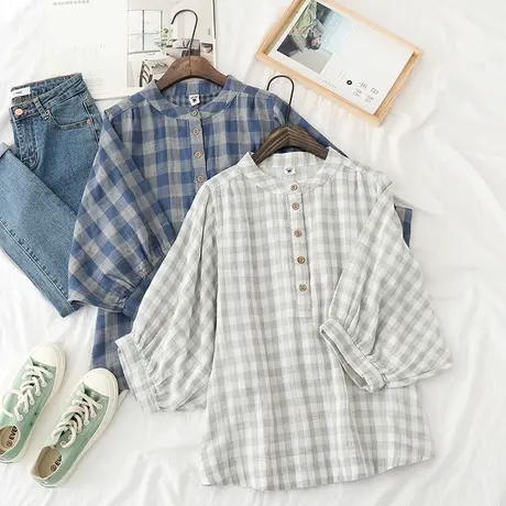 春夏装文艺小清新双层棉纱七分袖格子衬衫女宽松棉麻立领半袖上衣图片