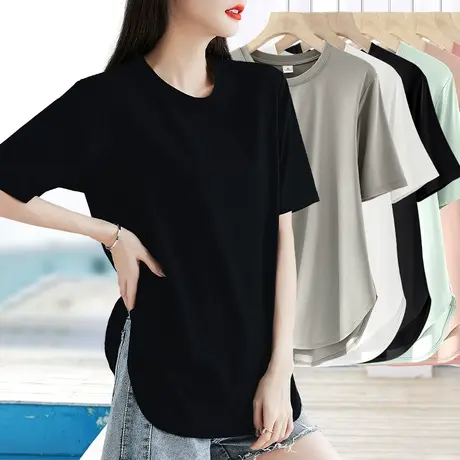 纯黑色两边开叉宽松版短袖t恤女夏季圆弧形下摆体恤半袖夏装薄款商品大图