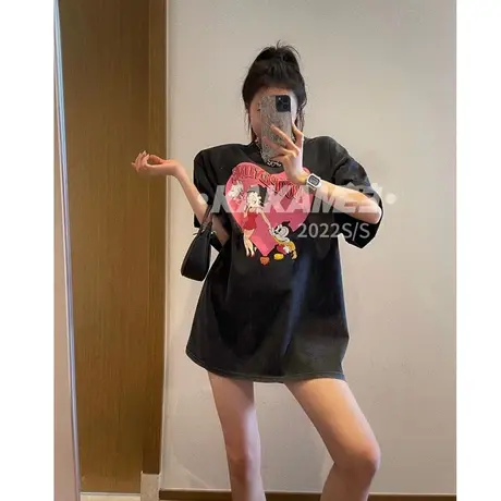 韩国东大门夏季新款宽松中长款下身失踪爱心卡通印花短袖T恤女潮图片