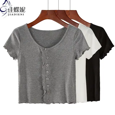 夏季新款圆领纯棉修身短款高腰纽扣荷叶边短袖体恤上衣内搭打底衫商品大图