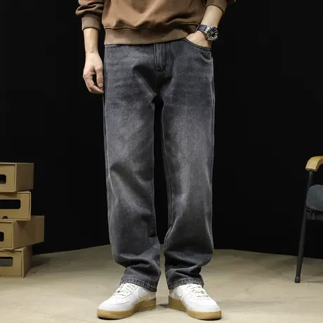 潮牌牛仔裤男秋冬直筒宽松大码男士黑灰男裤秋季2023新款男款裤子商品大图