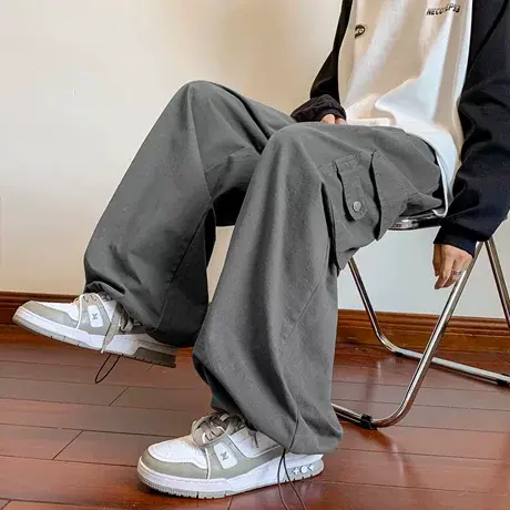 美式复古纽扣贴袋工装裤宽松阔腿休闲长裤商品大图