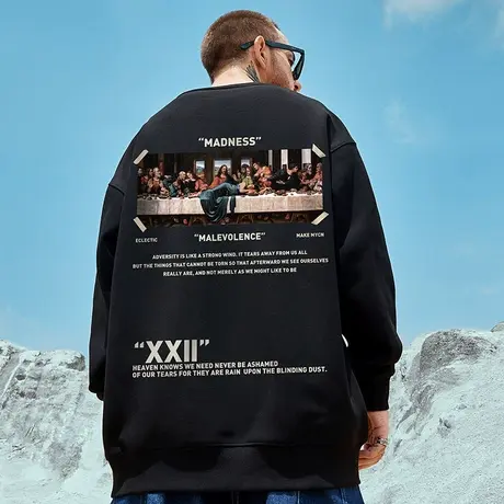 欧美潮牌无帽加绒卫衣男潮ins胖子宽松潮流圆领加肥加大码秋冬款商品大图