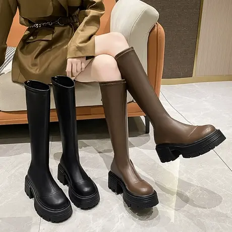 不过膝长靴女2023秋季新款后拉链粗跟圆头厚底高筒靴女长筒骑士靴图片