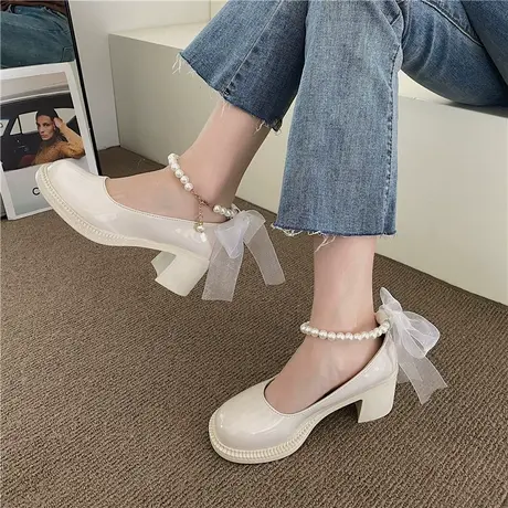 法式玛丽珍鞋仙女风小皮鞋女夏2023新款珍珠蝴蝶结粗跟凉鞋配裙子商品大图