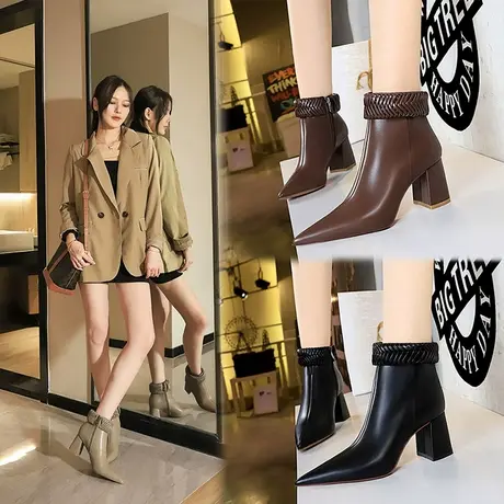 设计感编织翻领短筒靴女2022年秋冬季新款性感尖头粗跟百搭马丁靴商品大图