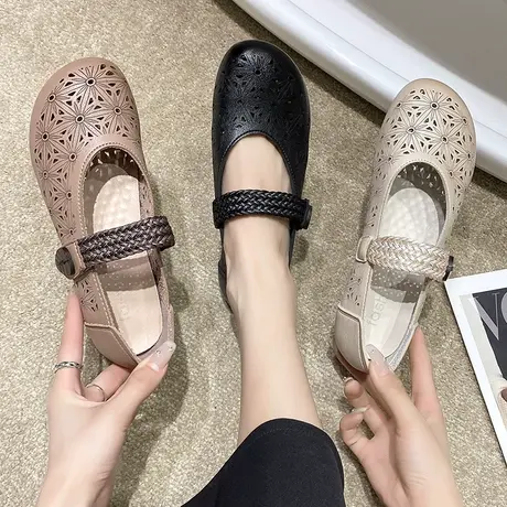 一脚蹬透气凉鞋夏新款平底单鞋女不累脚妈妈鞋软底镂空透气奶奶鞋商品大图