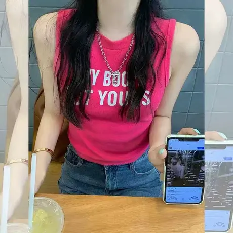 白色印花吊带背心女夏季韩版辣妹修身显瘦打底衫内搭短款上衣外穿商品大图