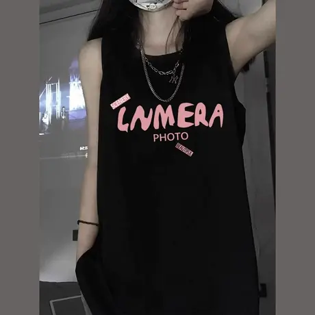 背心外穿女夏黑色中长款无袖坎肩t恤美式辣妹装设计感ins潮牌上衣图片