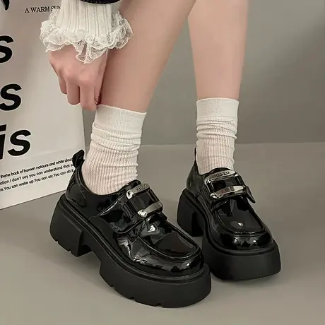 魔术贴厚底乐福鞋女2024年春秋季新款配裙子粗跟单鞋英伦风小皮鞋图片