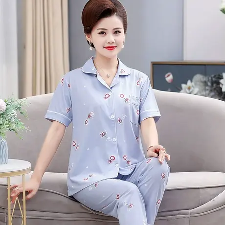 中年妈妈款睡衣女士夏季薄款2022新款中老年人造棉短袖家居服套装图片