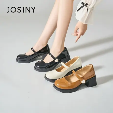 Josiny/卓诗尼法式方头粗跟小皮鞋2023夏秋新款一字带玛丽珍女鞋商品大图