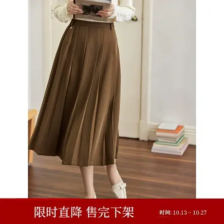 茵曼压褶半身裙2023秋女装新款高腰吊坠显瘦遮胯A型百搭长裙子商品大图