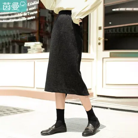 【商场同款】茵曼2022冬装新款优雅橡筋中腰H型显瘦半身裙纯色棉图片