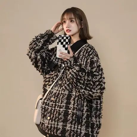 小香风格子外套女春秋2023新款ins潮牌复古宽松oversize夹克上衣商品大图