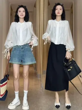 欧洲站2023夏季新款袖设计感小众纯色抽绳防晒衬衫女时尚休闲衬衣商品大图