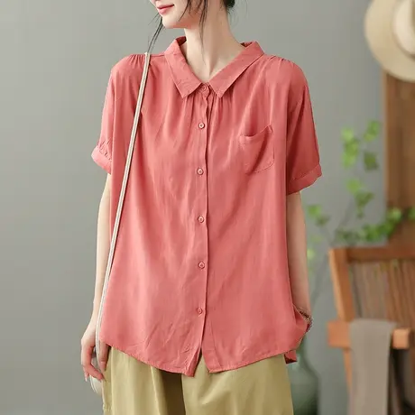 dza 文艺复古纯棉短袖衬衫女2023夏薄款白色衬衣气质显瘦开衫上衣商品大图